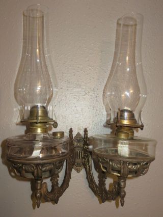 Victorian 19th Century Cast Iron Wall Hanging Double Arm Bracket W/ Oil Lamps