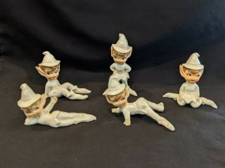 Vintage Lefton Pearlescent White Pixie Elf Figurines Luster Japan Full Set Of 5