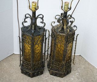 Pair Vintage Spanish Revival Table Lamps Amber Glass Panel Metal Scroll Gothic
