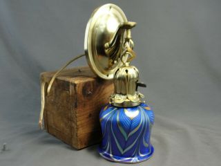 Antique Art Deco Brass Wall Sconce Light Lamp Pulled Feather Cobalt Glass Shadeb