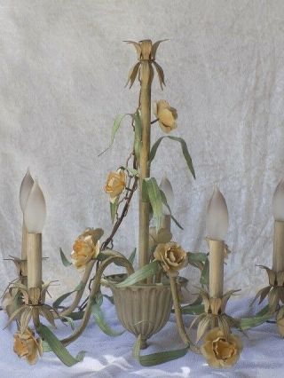 Vintage Tole Chandelier 5 Arm With Yellow Roses