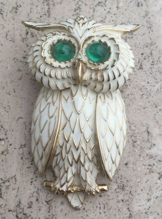 Vintage Signed Ciner Large Gold Tone White Enamel Owl Brooch (pin) / Pendant