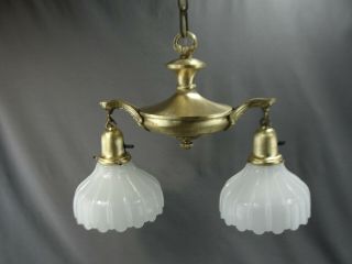 Antique Art Deco Era Two Light Brass Chandelier Ceiling Molded Clam Broth Shades
