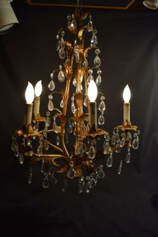 Antique Vintage Italian Gold Gilt Chandelier Crystal Prisms Swag Light