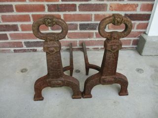 Antique Cast Iron Andirons - Mission / Arts And Crafts / Keyhole W/ Fire Dogs