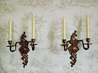 Pair French Antique Cast Bronze Acanthus Leaf Wall Sconce Candle Holders 2582