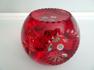 Lg Vintage Murano Art Glass Paperweight Millefiori Faceted Red Overlay Star Cut