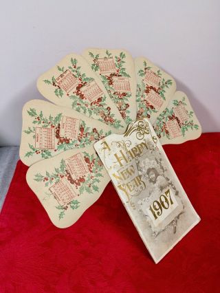 Antique 1907 Happy Year Postcard Calendar Fan With Easel (stand)