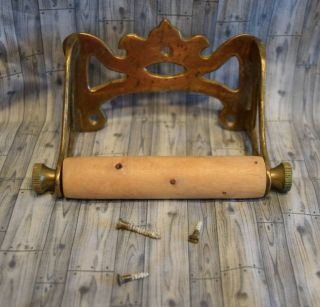Antique Brass Victorian Toilet Paper Tissue Holder Vtg Wood Roller