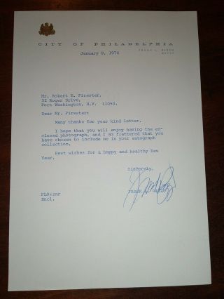 Mayor Frank Rizzo Autograph Signed City Of Philadelphia Letter