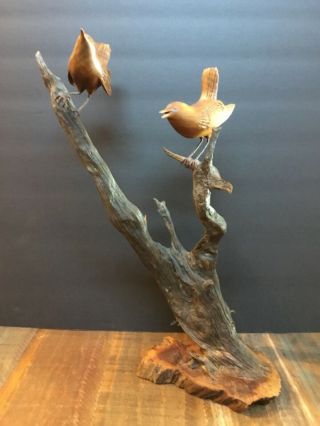 Vintage Hand Carved Wood Birds On Branches Signed