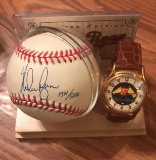 Vtg Limited Edition 284 Nolan Ryan Signed Baseball W/ Rare Fossil Wrist Watch