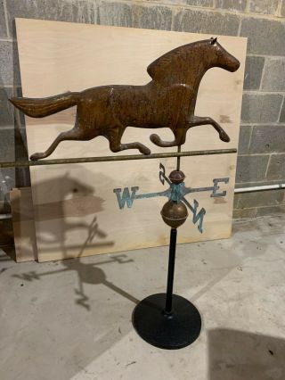 Antique Copper Horse Weathervane With Compass On Sturdy Stand