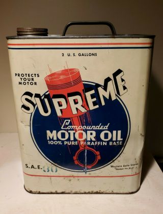 Rare 2 Gallon Supreme Motor Oil Can Western Auto Stores Vintage