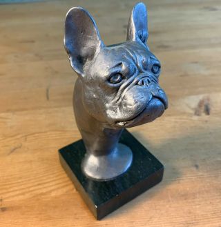 Vintage French Bulldog Dog Statue Sculpture Bust On Marble Base - Heavy Metal