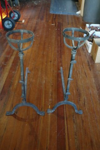 Large Late 18th Or Early 19th Century Hand - Forged French Wrought Iron Andirons