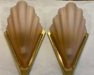 Vintage Art Deco Brass Pink Frosted Glass Wall Sconces Pair Qouizel