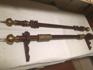 Pr Of Antique Victorian Wood/brass Eastlake Style Curtain Rods/rings/ Brackets