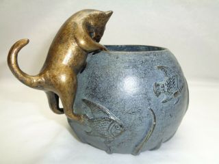 Vtg Brass Metal Cat Fish Bowl Art Candle Holder Spi San Pacific International