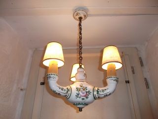 French Vintage 3 Light Chandelier Ceramic With Shades Pretty Floral Detailed