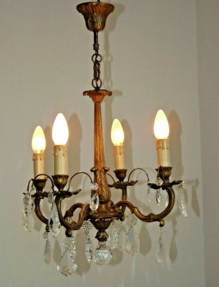French Antique Quality Heavy Bronze 4 Arm Crystal Chandelier 2154