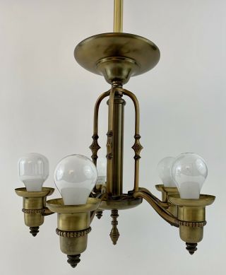 Antique/vtg 5 - Arm Brass Chandelier Hanging Ceiling Light Fixture Mission Lamp