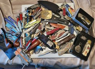 Vintage Pocket Knife Junk Drawer,  Pipes,  Belt Buckle Over 50 Knives