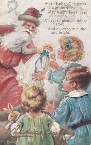 A.  L.  Bowley Father Christmas Hands Little Girl A Doll And Others Wait.  Tuck