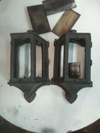 2 Antique Cast Iron Tudor Gothic Craftsman Porch Wall Sconces Slag Glass