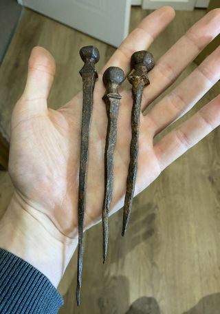 Antique Early Blacksmith Made Iron Nails Or Pins Medieval? 17th 18th Century?