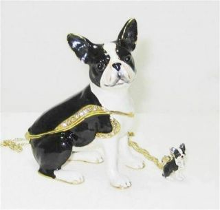 Boston Terrier Dog Jeweled Trinket Box W Matching Pendant