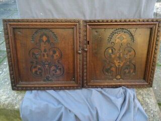 TWO EARLY 17TH CENTURY OAK CARVED AND INLAID CUPBOARD PANELED DOORS 2