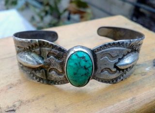 Fred Harvey Era Vintage Navajo Turquoise & Silver Cuff Bracelet Whirling Logs