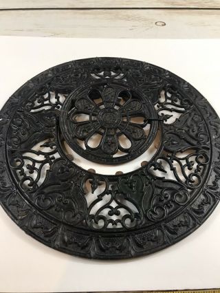 Antique 2 Piece Cast Iron 16” Round Ornate Victorian Era Stove Pipe Grate Cover 5