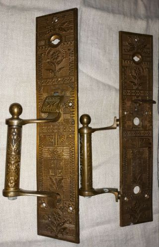 Set Of (2) Antique Victorian Eastlake Cast Brass Door Pulls W/ Plates 11.  5 "