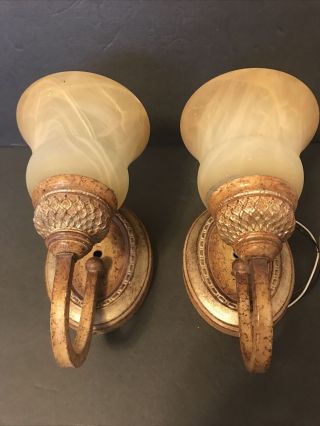 Antique Art Deco Pair Wall Light Sconces Marbled Glass Shades Vintage