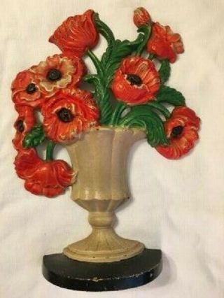 Vintage Hubley Cast Iron Red Floral Poppies In Vase Doorstop 440