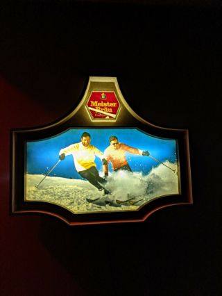 Vintage Meister Brau Beer Lighted Sign Skiing Winter Snow Bar Advertisement