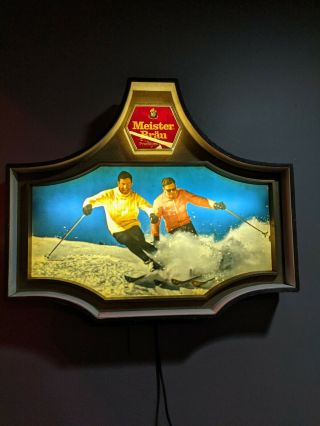 Vintage Meister Brau Beer Lighted Sign Skiing Winter Snow Bar Advertisement 2
