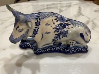 Antique Vintage Fine Art Pottery Royal Delft Blue Cow Porcelain Hand Painted