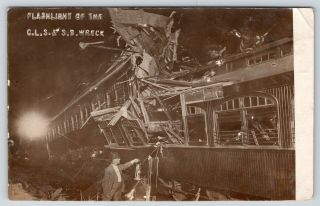 Michigan City Indiana Cls&sb Railroad Train Wreck Night Flashlight 1909 Rppc