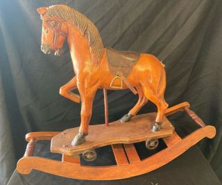 Vintage Hand Carved Made Wooden Rocking Horse Toy 19” Tall 24” Long