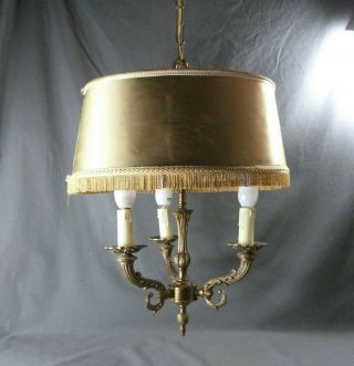 French Vintage 3 Lights Chandelier Ornate Bronze With Large Lampshade Antique