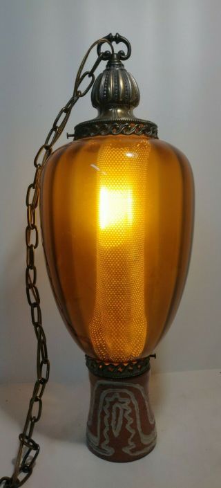 Vintage Mid Century Modern Amber Glass Swag Hanging Light Lamp Diffuser MCM 2