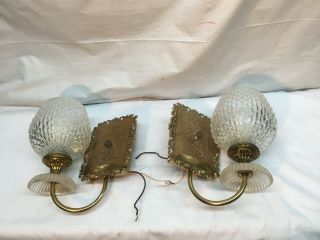 Vintage Pair Brass & Glass Shades Light Sconces Wall Fixtures Mid Century