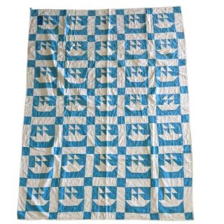 Vintage Hand Stitched Cotton Quilt Blue White Sailboat Pattern 60 " By 83 "