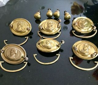 6 Gen.  George Washington Brass Drawer Pulls And 4 Brass Knobs - Circa:1825 Rare