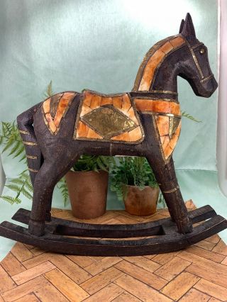 Vintage Hand Carved Wood Rocking Horse Hammered Brass Bovine Bone Inlay