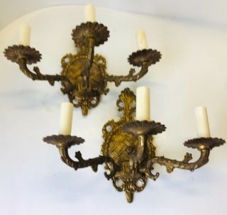 Pair Vintage Ornate Brass Spanish 3 Lite Candle Wall Sconce Lamp Fixtures Hollyw