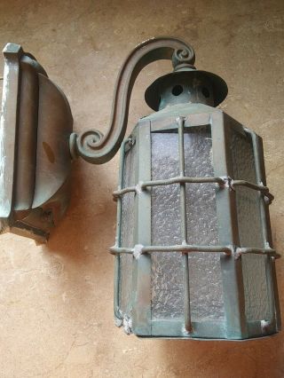 Vintage Arts Crafts Mission Style Copper Porch Light Sconce Slagg Glass 6 Sides